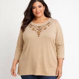 Susan Graver 1X Hand-Embellished Tunic Top Champagne Beige Beaded Neckline NWT's